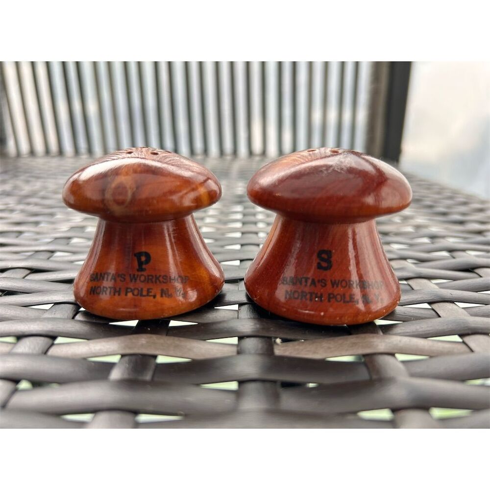 Vintage Wooden Mushroom Salt & Pepper Shakers Whimsical Design